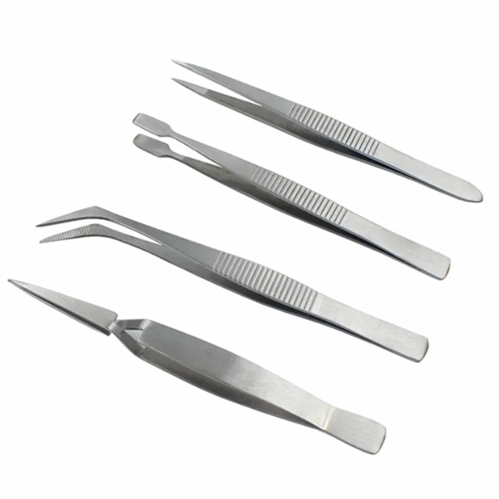 4pcs Stainless Steel Tweezers Thickened Precision Industrial Tweezers Dressing Straight Bent Clip Repair Hand Tool