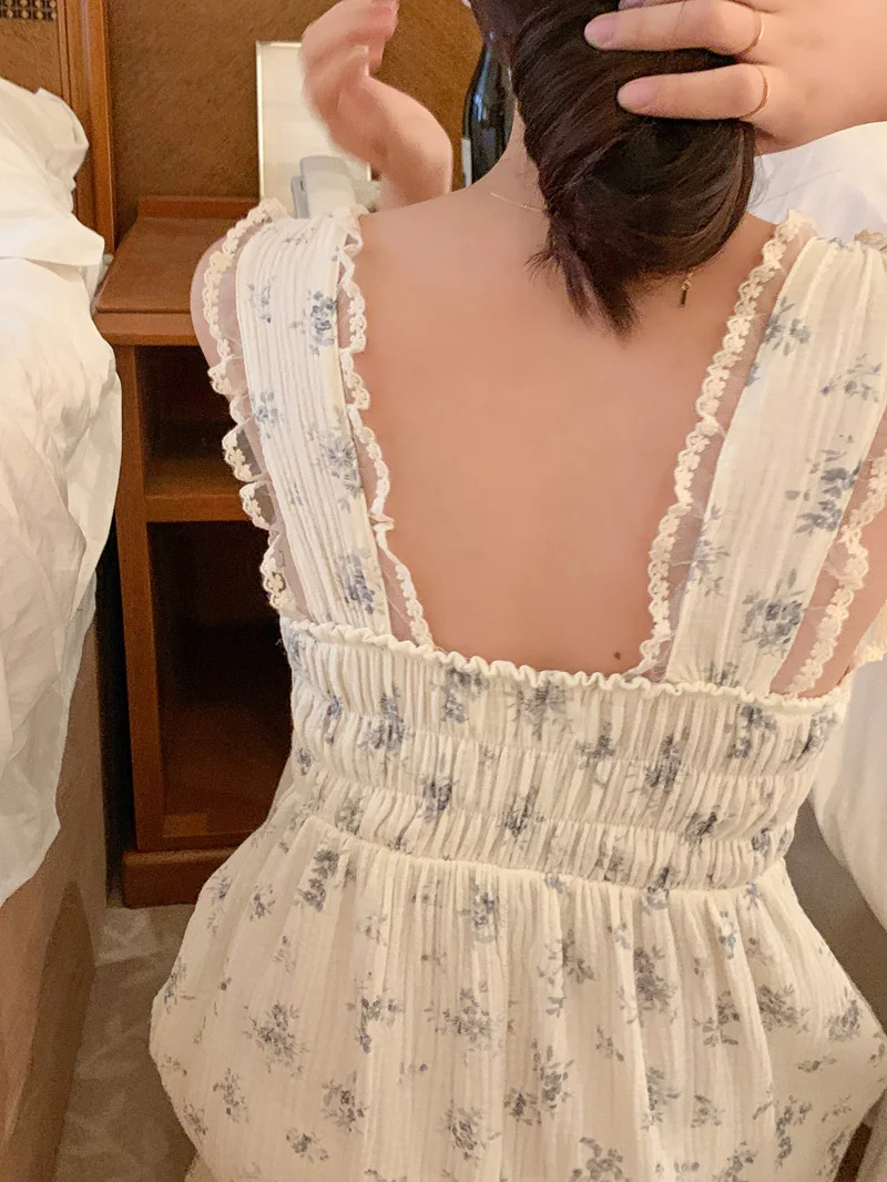 Strapless Sling Summer Night Dress Women Sexy Lace Crochet Long Nightgown Soft Cotton Sleepwear Elegant Kawaii Flowers Print