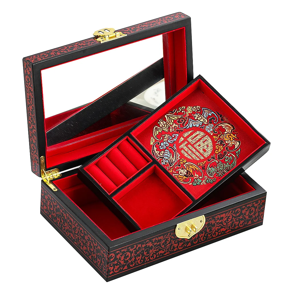 Wooden Lacquer Jewelry Box Chinese Traditional Double-Layer Gift Carrying Case for Wedding Necklace Ring Jewelry Display Storage