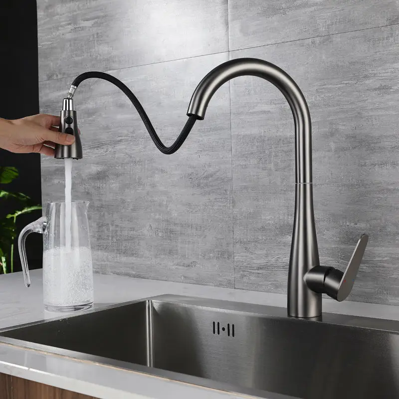 Pull Out Black Kitchen Faucet Hot Cold Mixer Water Tap 2 Model Rotatable Retractable 304 Stainless Steel Wash Basin Sink Faucets free shipping brushed pull out kitchen sink faucet two model stream sprayer nozzle stainless steel hot cold water mixer tap deck