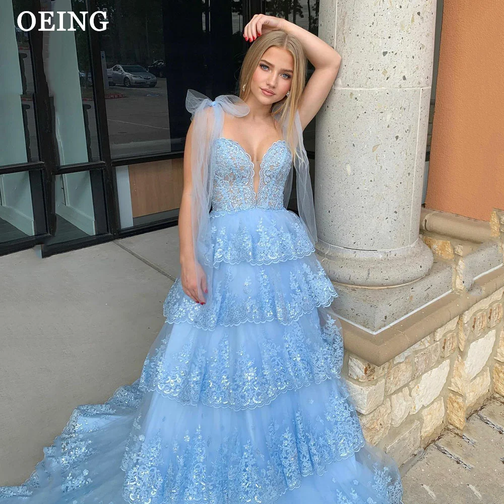 

OEING Elegant Baby Blue Evening Dress Fairy Bow Spaghetti Strap Tulle Tiered Prom Dresses Pretty Party Gowns Vestidos De Fiesta