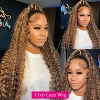 Perruque Lace Wig brésilienne bouclée ondulée, cheveux humains ombré HD, 13x6, à reflets, 13x4, pour femmes 3