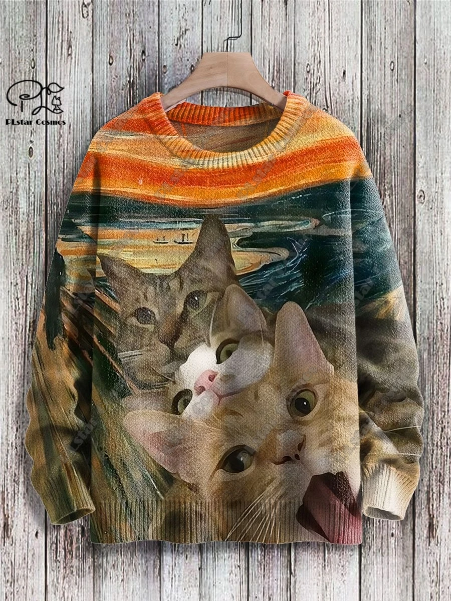 

PLstar Cosmos new 3D printed animal series cute and funny cat pattern ugly sweater winter street casual unisex M-2
