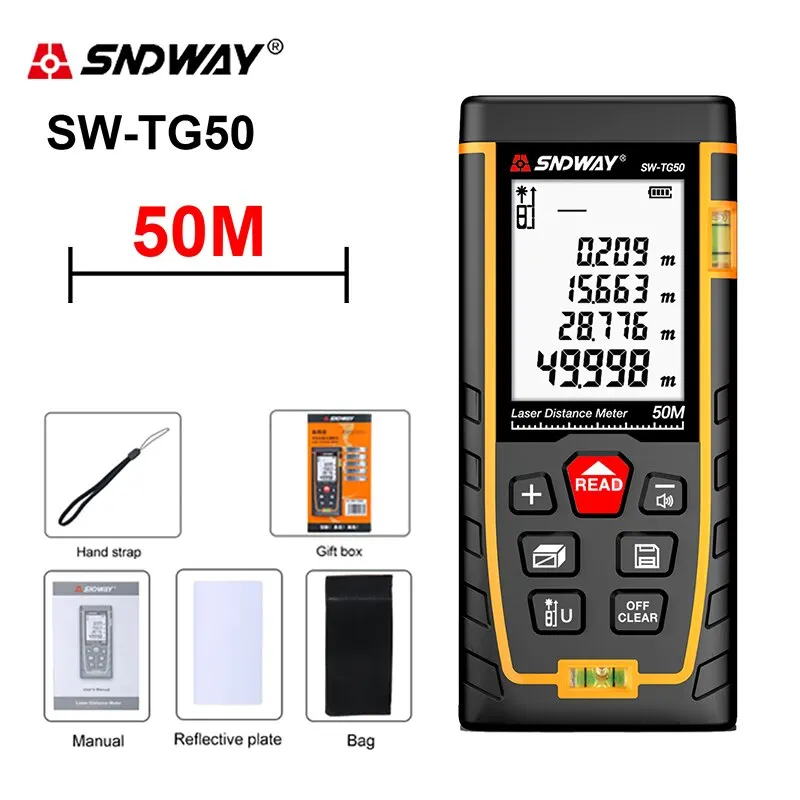 Laser Rangefinder SNDWAY Digital Tape Measure 40M/50M/120M Precision With Distance/Area/Volume/Self-calibration
