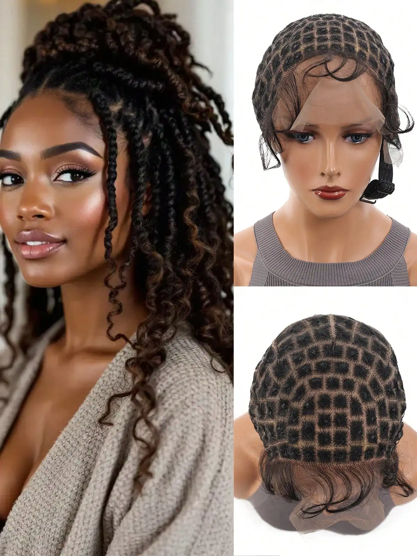 Cappello per parrucca sintetica intrecciata con capelli di bambino, cappello per parrucca all'uncinetto per trecce all'uncinetto, cappelli per parrucche in pizzo HD doppio senza colla per donna