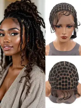 Cappello per parrucca sintetica intrecciata con capelli di bambino, cappello per parrucca all'uncinetto per trecce all'uncinetto, cappelli per parrucche in pizzo HD doppio senza colla per donna