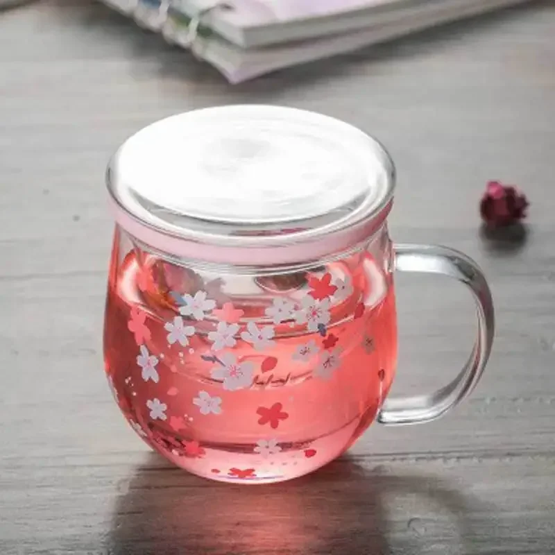 Glass Mug with Tea Infuser and Lid 300ml Cherry Blossom Teacup Transparent Heat Resistant Glass Flower Tea Set Drinkware