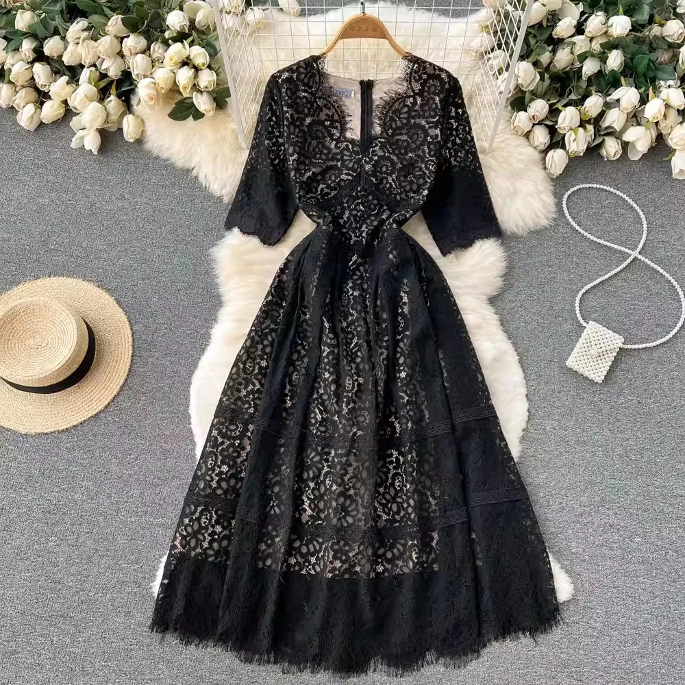 

Women's Spring Summer Short Sleeve V Neck Black Lace Dress Female High Waist Chic Party A-line Vacation Dress TB1536