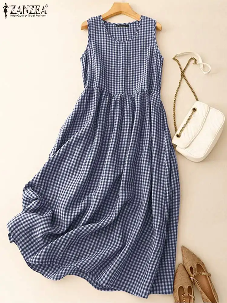 ZANZEA Sommerkleid mit Karomuster, ärmellos, Bohemian-Urlaubskleider für Damen, elegantes Kleid mit O-Ausschnitt, lässig, locker sitzend, für die Arbeit, Vestidos