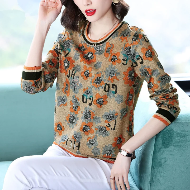 2023 Autumn and Winter Oversize Versatile Elegant Women's Clothing Fashion Printing Round Neck Long Sleeve Commuter Pullover