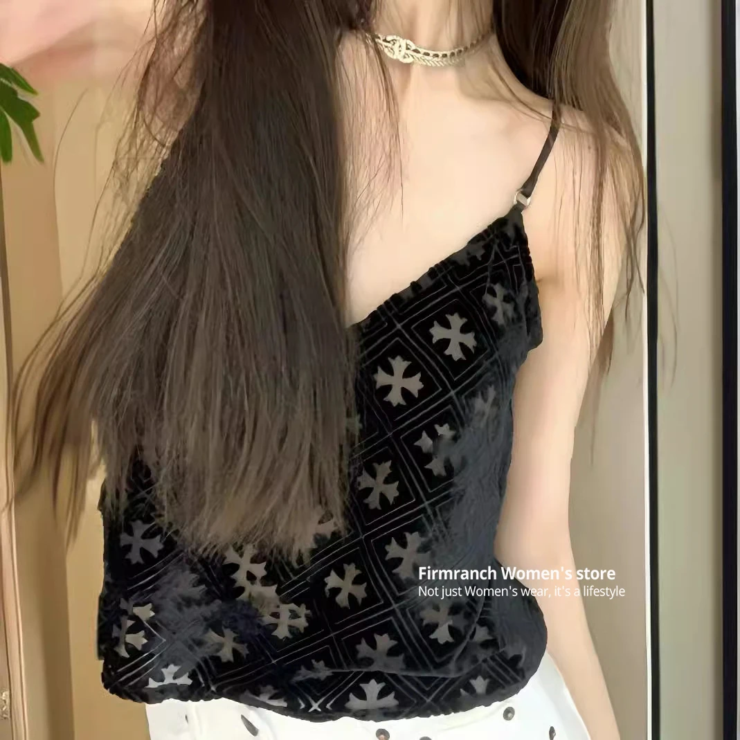 

Firmranch 2024 Summer Short Sleeveless Shirt Black Velvet Hollow Dark Cross Halter Vest For Women Chic Girls' Crop Top Blouse