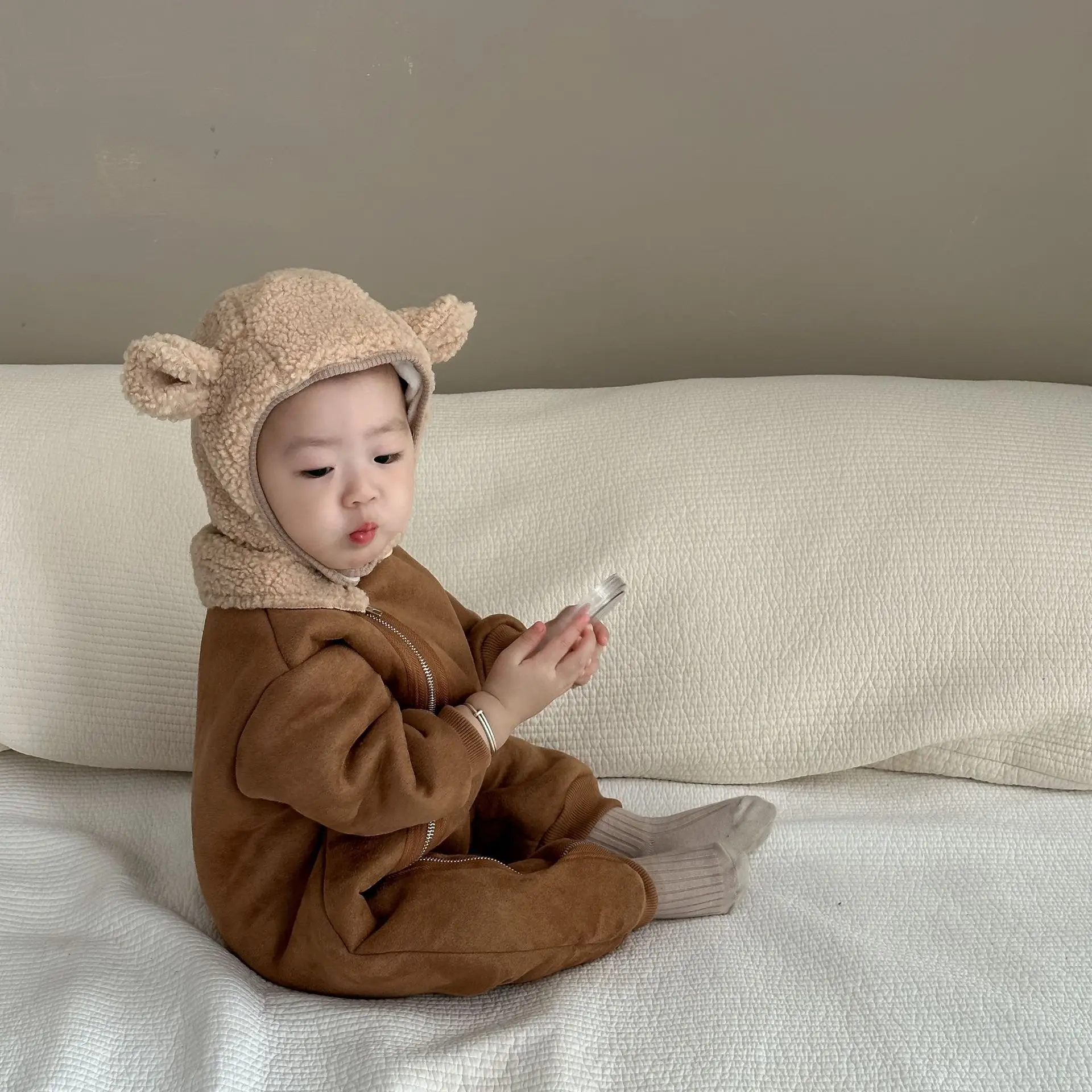 Baby Fur Lined Rompers Jumpsuits Warm Winter Outfit