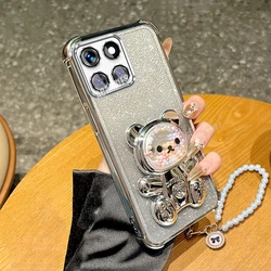 Cute Bear Lanyard Glitter Plating Silicone Shockproof Stand Case for Honor X8 5G (DDCZXZZSL Silver)