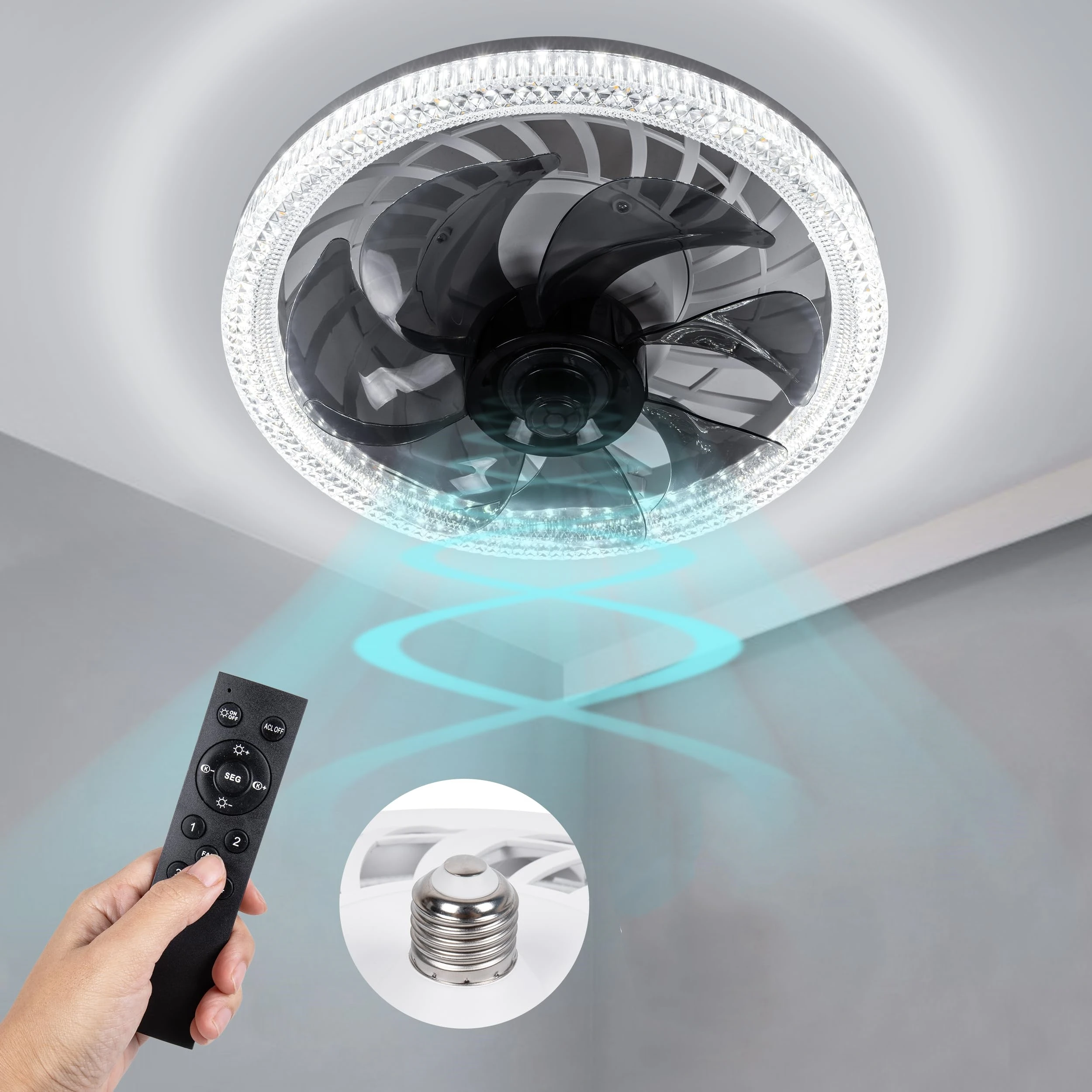 Socket fan light with remote control, adjustable brightness 3000-6500K, Ceiling fan light for bedroom, living room, kitchen