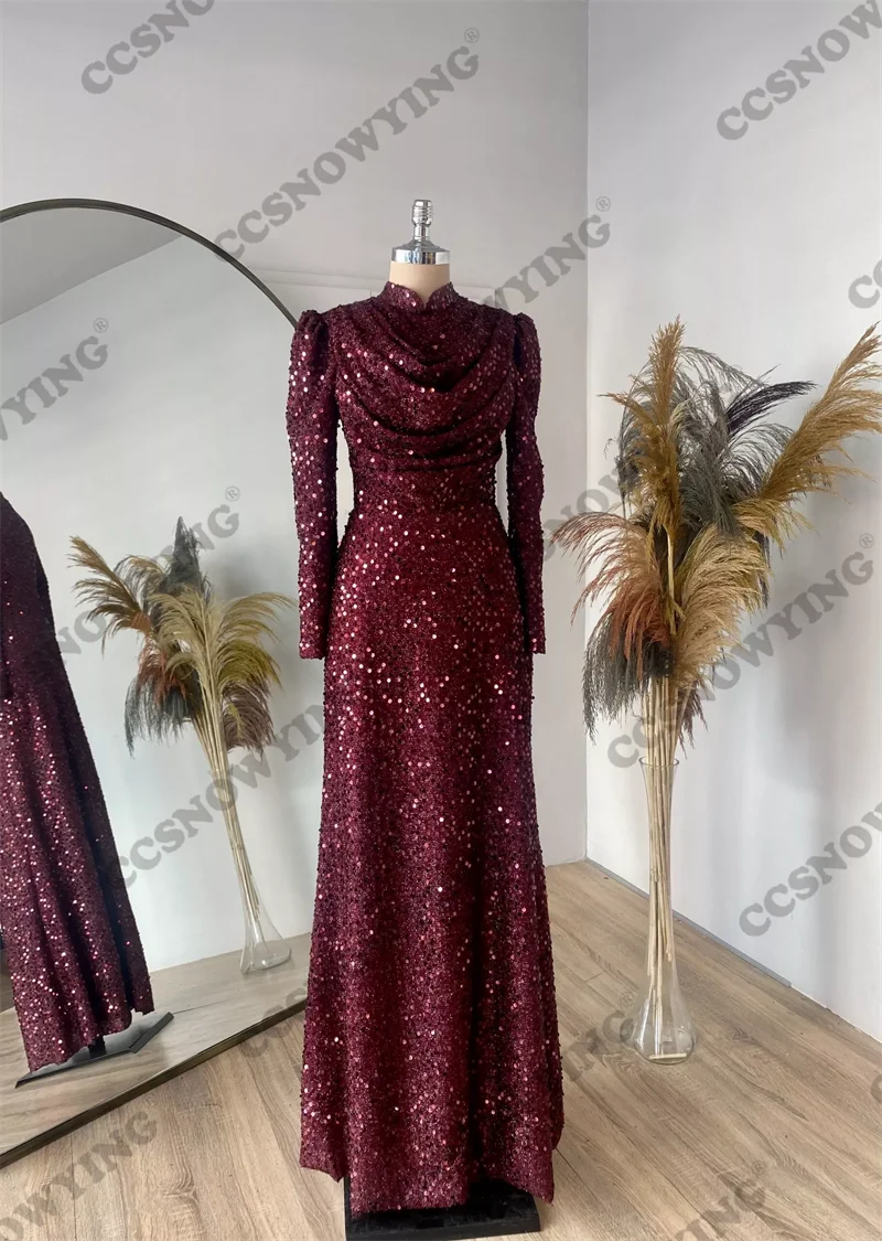 

Sparkly Sequin Long Sleeve Muslim Evening Gown Islamic Hijab Formal Party Dresses Women Arabic Kaftan Robe De Soiree