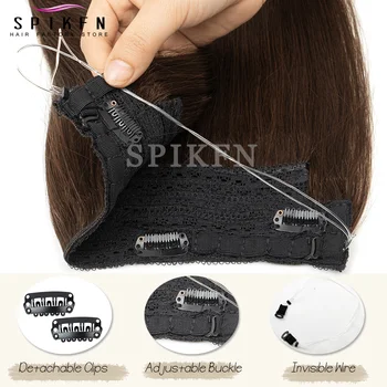 Invisible Dark Brown Fish Line Human Hair Extensions Invisible Wire in with Clips on Weft Hair Extensions '12-22' Inch for Women