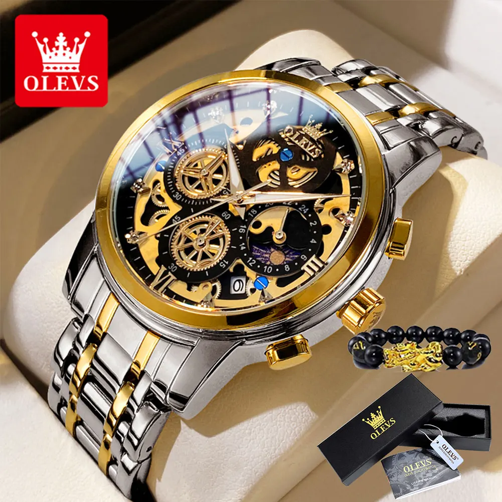 

OLEVS 9947 Full Skeleton Men's Watches Gold Stainless Steel Luxury Waterproof Moon Phase Chronograph Original Men's Wristwatch