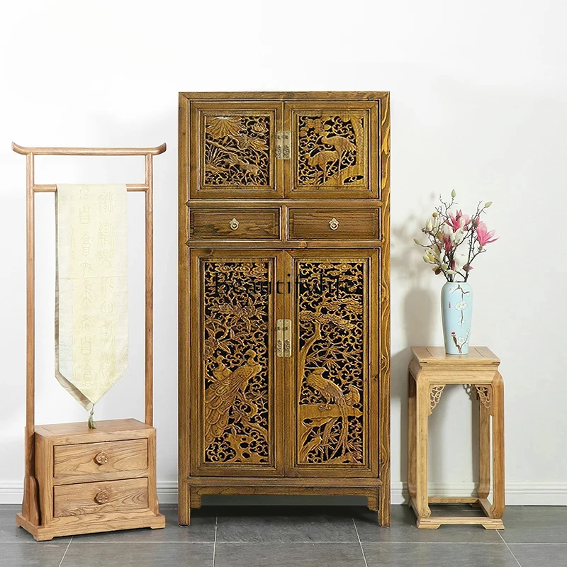 

Solid wood bookcase Ming and Qing classical Zhangmu door carved hollow cabinet antique wardrobe bedroom closet