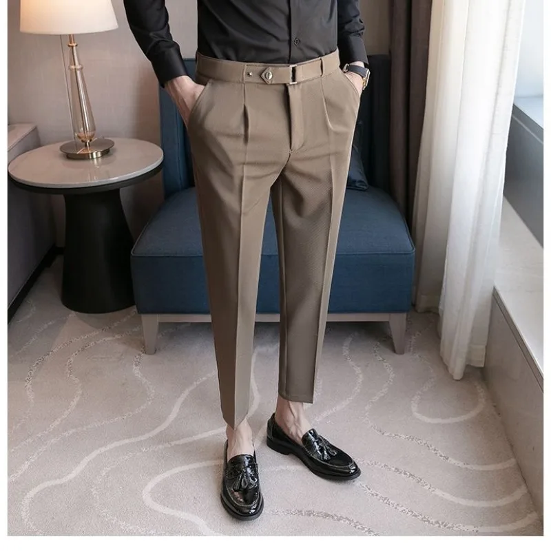 2024 Spring and Autumn Men's New Minimalist Business Casual Patchwork Button Zipper Pocket Fashion Solid Color Straight Pants