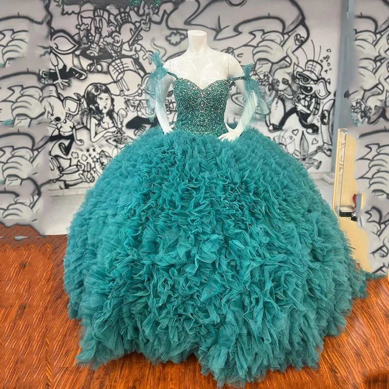 

Green Elegant Quinceanera Dress Ball Gown Beading Crystal Tull Tiered Formal Prom Dress For Sweet 16 Girl Robes De Soirée