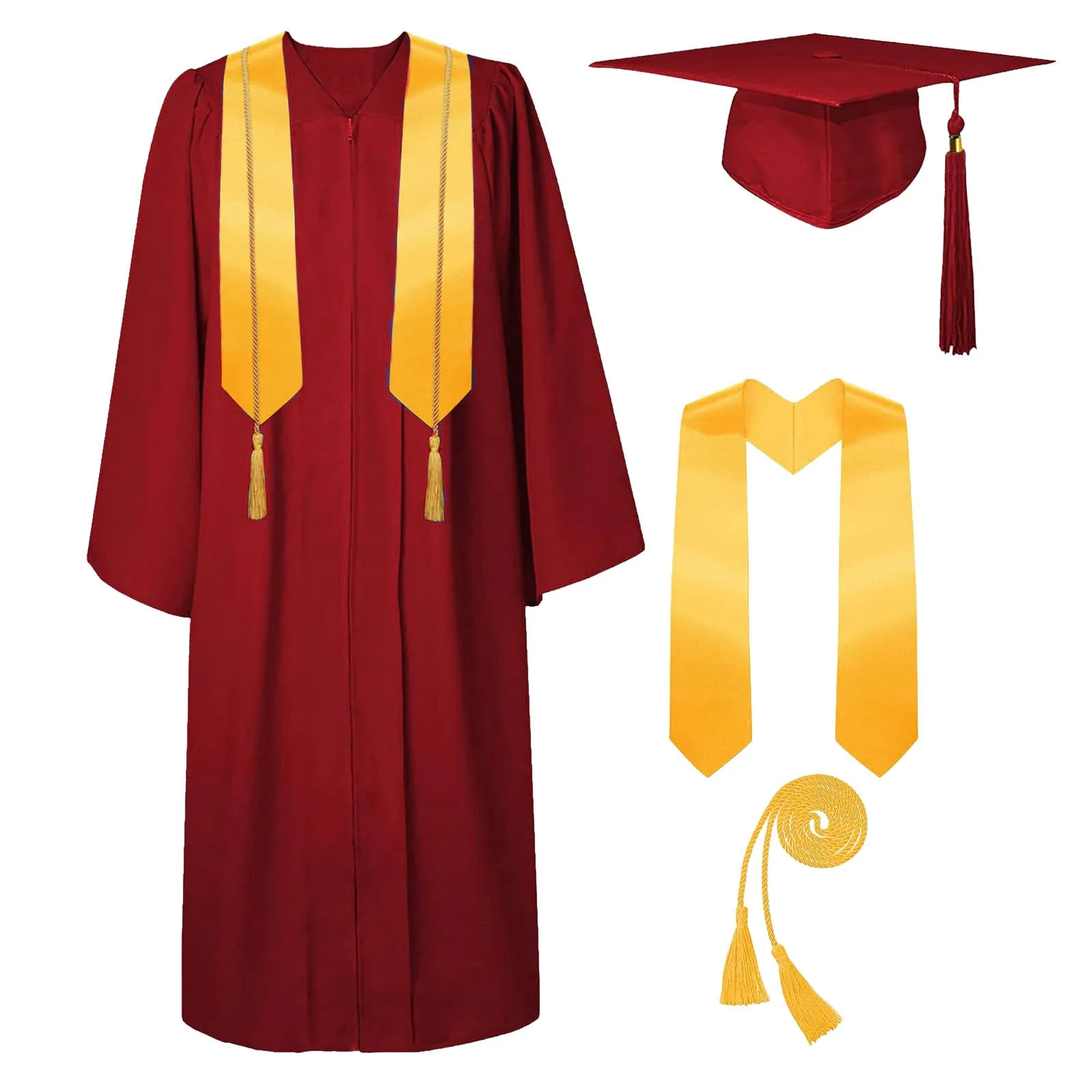 Graduation gown set 4pcs for bachelor unisex college caps with tassel and stole