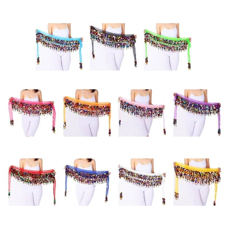 

Hip Scarf for Belly Dancing Tribal Sash Skirt with Colorful Blingbling Sequins Dropship