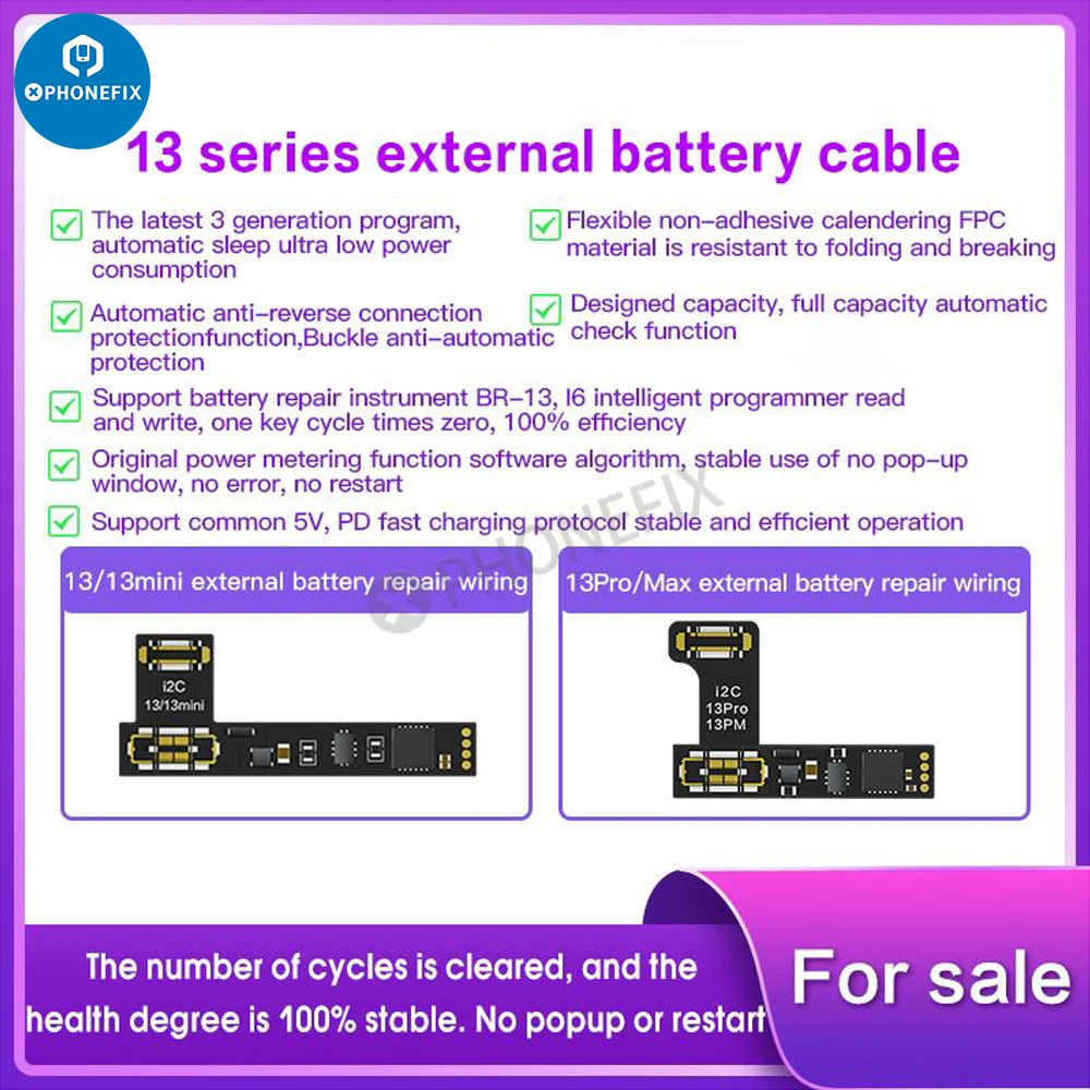 I2C BR-11 13 Battery Data Corrector, Reparação da bateria Cabo Flex, 100% Fix, bateria não genuína, erro de aviso, iPhone 11-14Pro Max