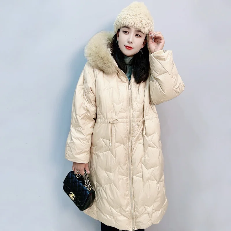 Large size down jacket women fat 2023 new x-long real wool big collar 90% white duck down casual High quality light warm coat