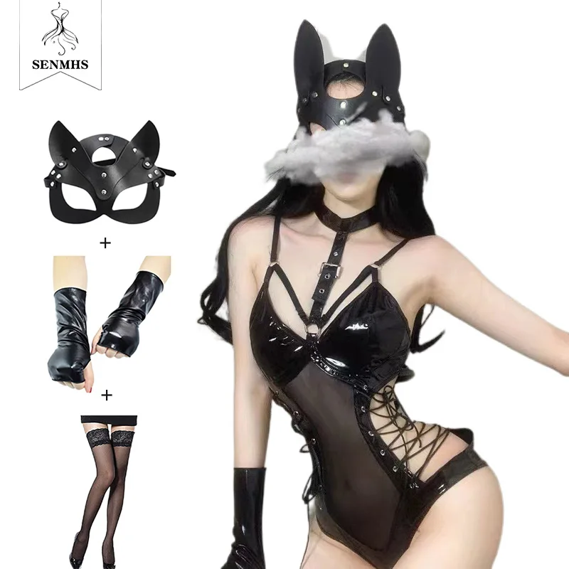 

SENMHS Masquerade Party Sexy Bodysuit Costumes PU Leather Hollow Out Devil Temptation Lingerie Rabbit Cosplay Uniform Outfit