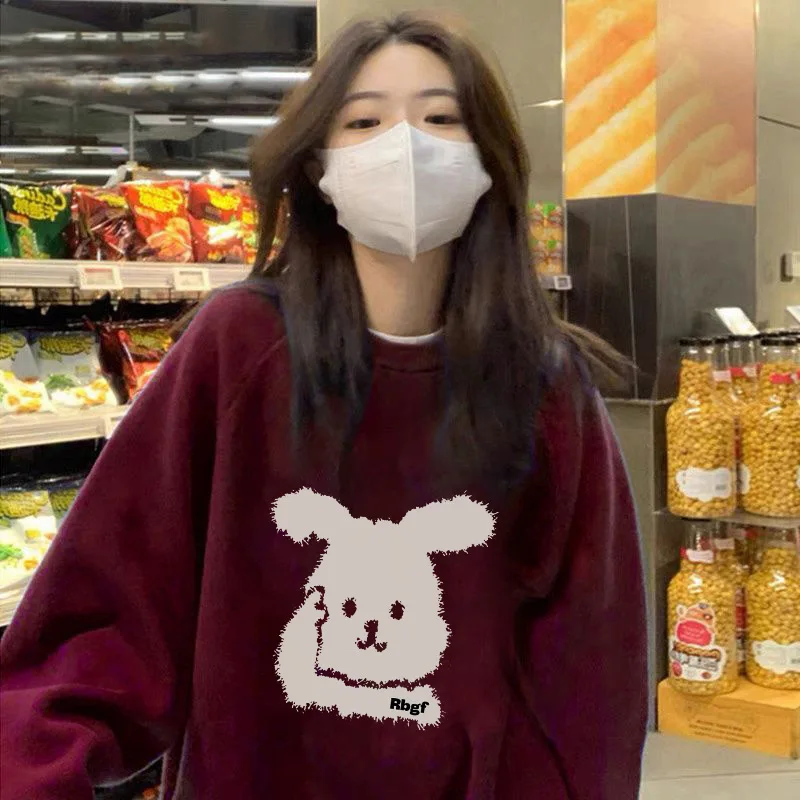 

Korean Autumn Hoodies Women Warm Fleece Cute Rabbit Kpop Sweatshirt Girls O-neck Kawaii Tops Female Hoodie Y2k Clothes