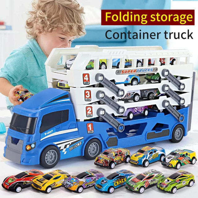 Upgraded Large Ejection Mini Slide Alloy Container Car  Engineering Car Multi-Layer Can Receive Blue Racing Car With 6  Qcar 2