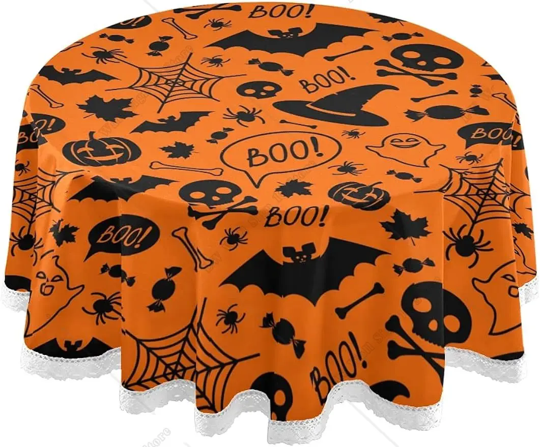

Halloween Pumpkins Witch Tablecloth Spider Webs Skulls Boo Round Tablecloths for Kitchen Party Picnic Dining Decor 60 Inch