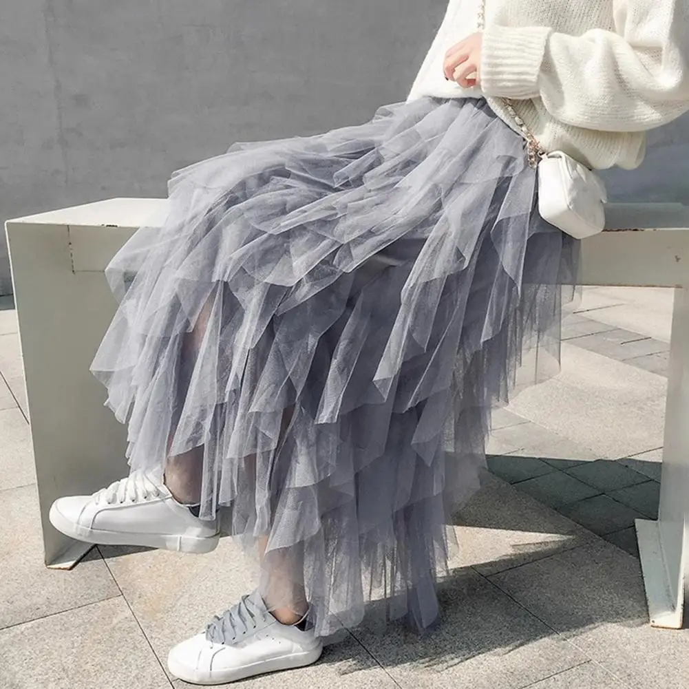 

Multi-layer Cake Skirt Elegant Multi-layered Maxi Skirt for Women High Waist Gauze Splicing with Irregular Mesh Solid Color Fit