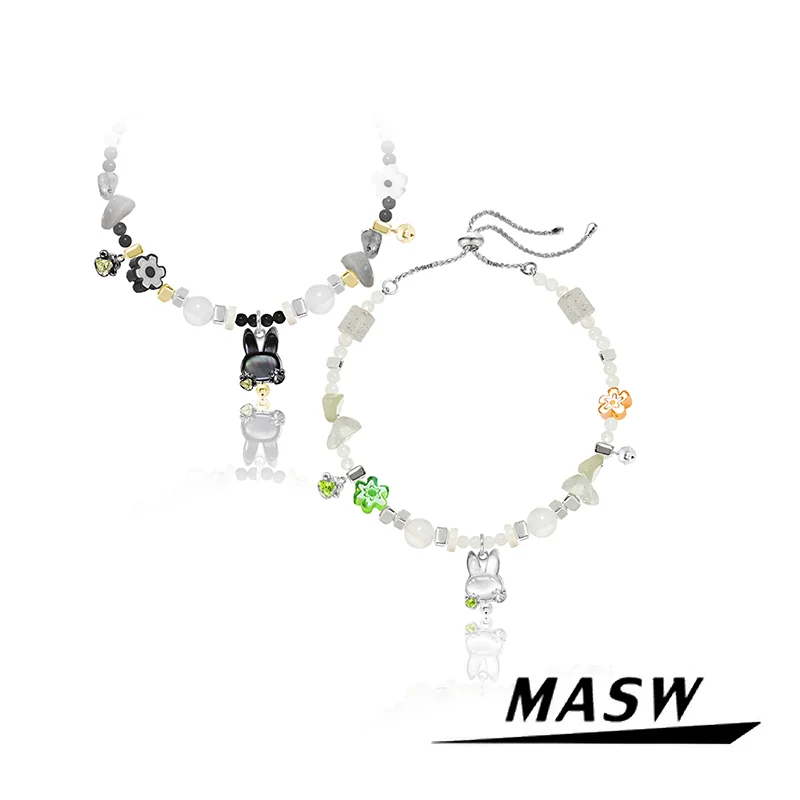 

MASW Original Design Cute Style One Layer Rabbit Charm Flower White Black Beads Bracelet For Women Girl Fashion Jewelry Gift
