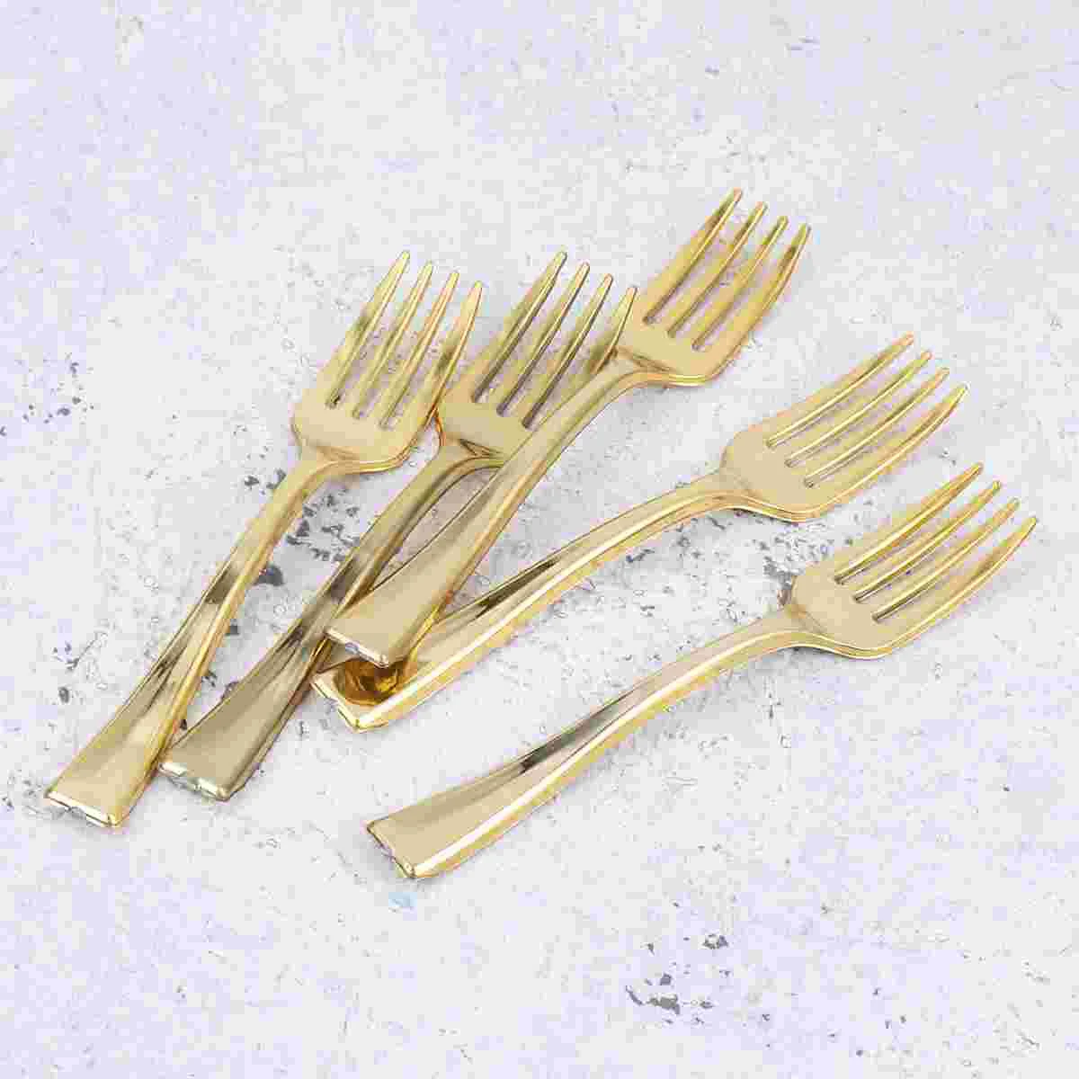 Stainless Steel Table Forks Plastic Disposable Mini Gold Utensils Flatware Salad Cutlery Cocktail Cake Dessert Tasting 24pcs