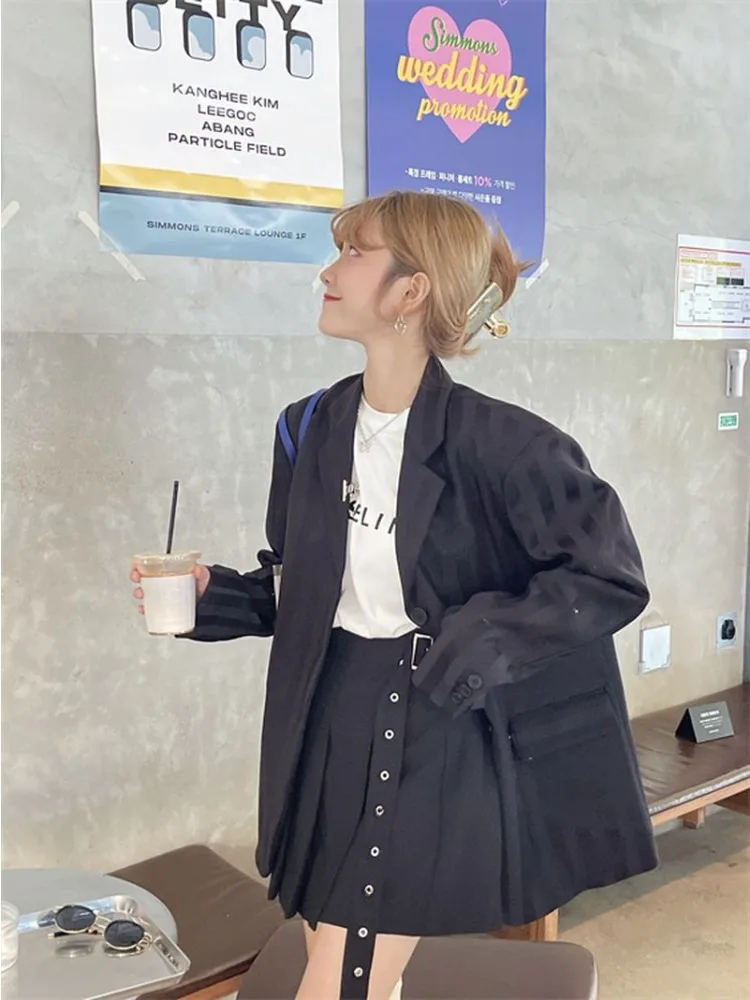 

UNXX Spring Autumn Suit Women Striped Blazer Women + College Style High Waist Pleated A-Line Belt Skirt Two-piece Set Women