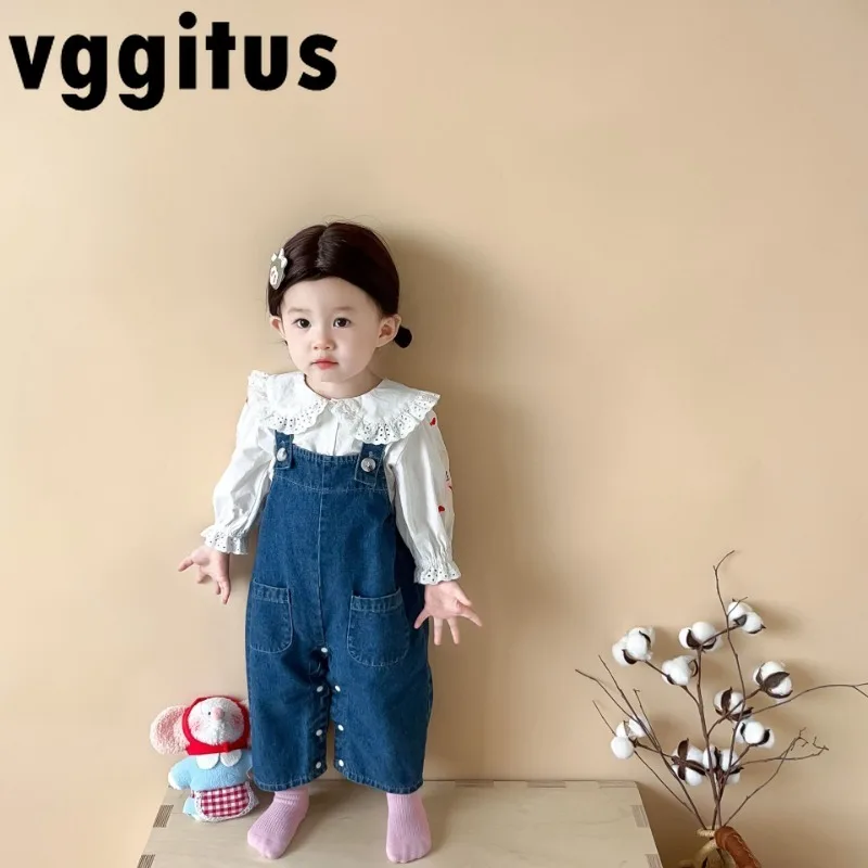 

Новый весенне-осенний костюм в Корейском стиле для маленьких девочек, джинсовый комбинезон с ремешком и отложным воротником, модель H7059