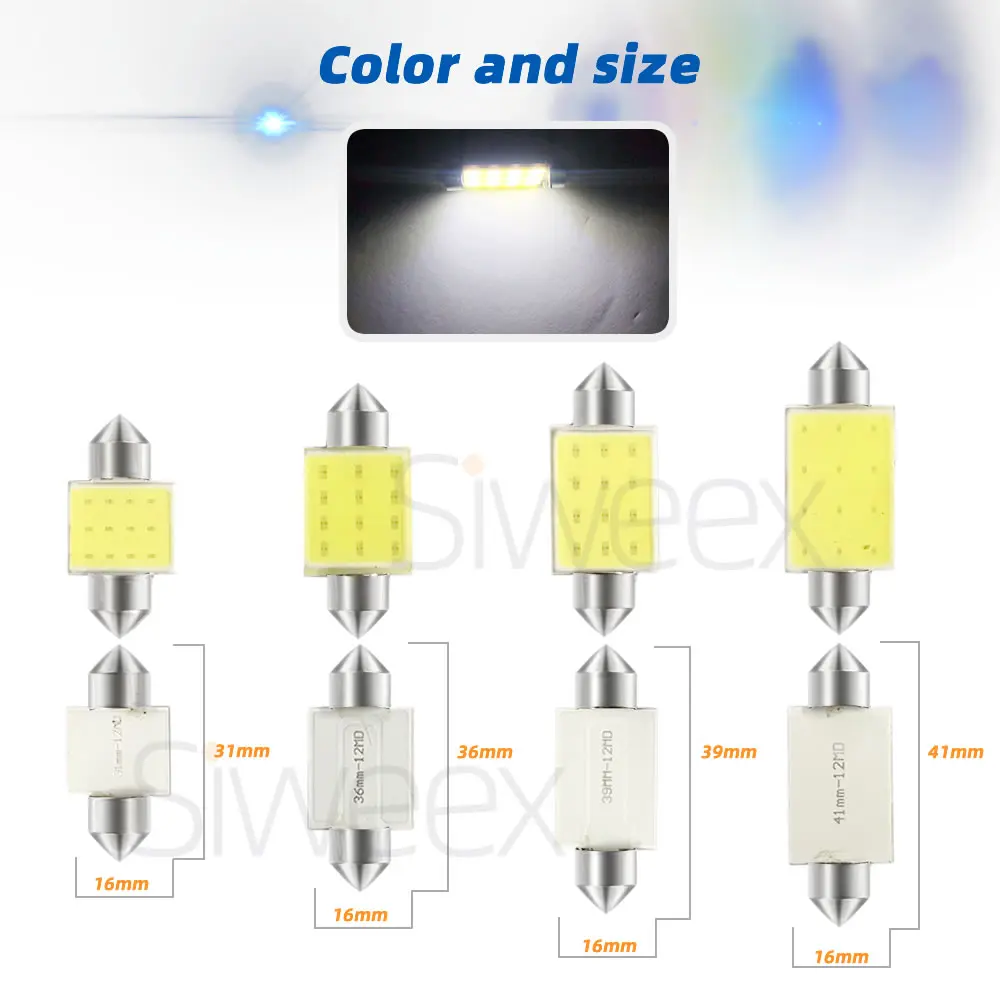 LED Car Lights C5W C10W 31mm 36mm 39mm 41mm/42mm Dome Festoon COB DC 12V White Blue Interior Reading License Plate Lights