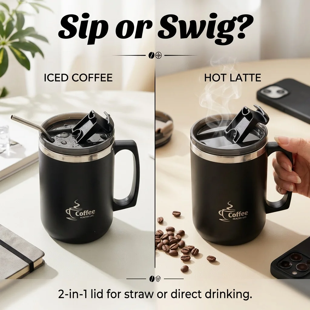 Insulated Stainless Steel Travel Mug with Handle and Leakproof Lid