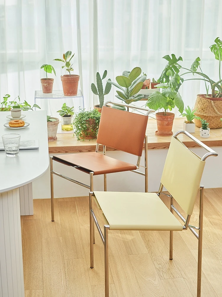 

Nordic Light luxury dining chair household stainless steel pipe simple saddle leather coffee chair