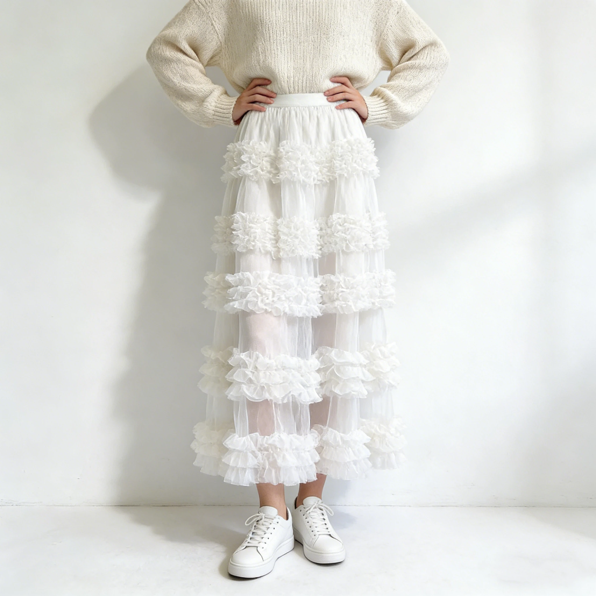 Women's Ruffle Trim Mesh Tutu Skirt, Tiered Layered A-Line Flared Skirt, High Waist Soft Tulle Puffy Skirt, Spring Summer