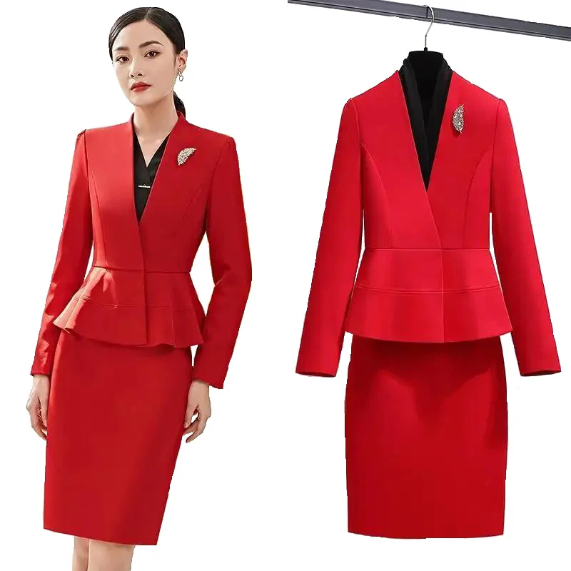 

Red Women Skirt Suit New Spring Autumn Fashion Temperament Business Formal Slim Blazer And Skirt Sets Office Lady Work Wear