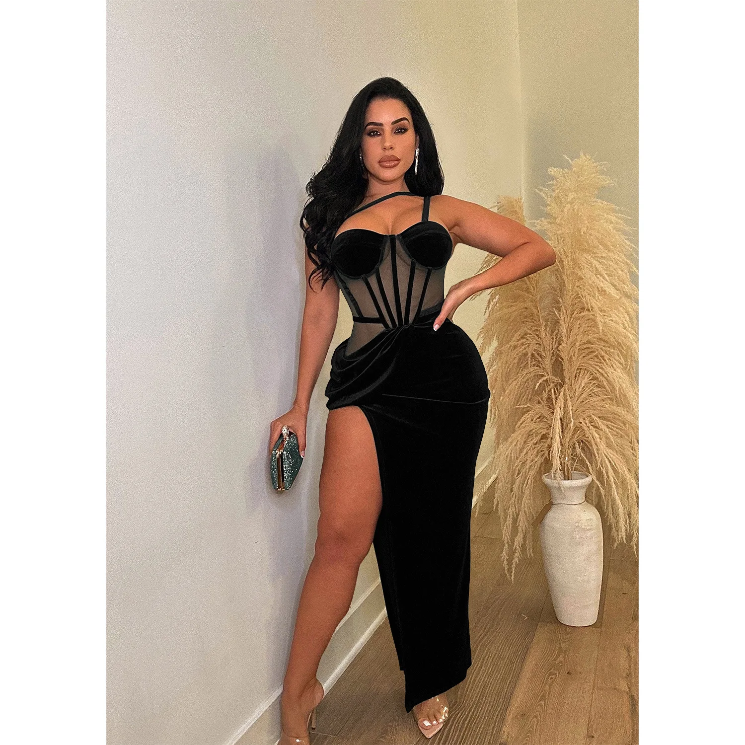 

Cutubly Red Corset Evening Gowns Diagonal Shoulder Mesh Patchwork Slim Velvet Long Dress Luxury Club Party Split Evening Robe