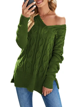 Plus Size Cable Knitted Pullover Sweater, Casual V Neck Long-Sleeved Slit Sweater, Women's Plus Size Clothing 2