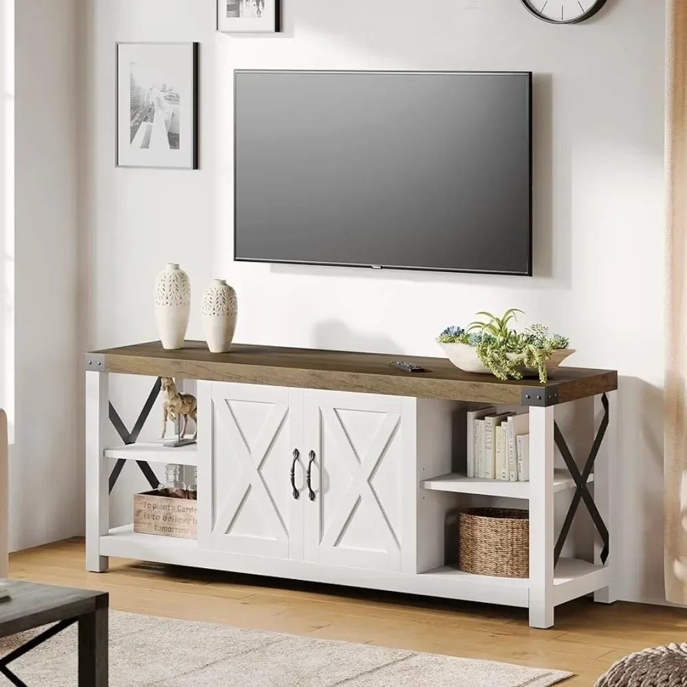 

58In TV Stand for TV up to 50 60 65 Inches,Farmhouse Wood TV Cabinet Entertainment Center w/ Storage & Adjustable Shelves ,White
