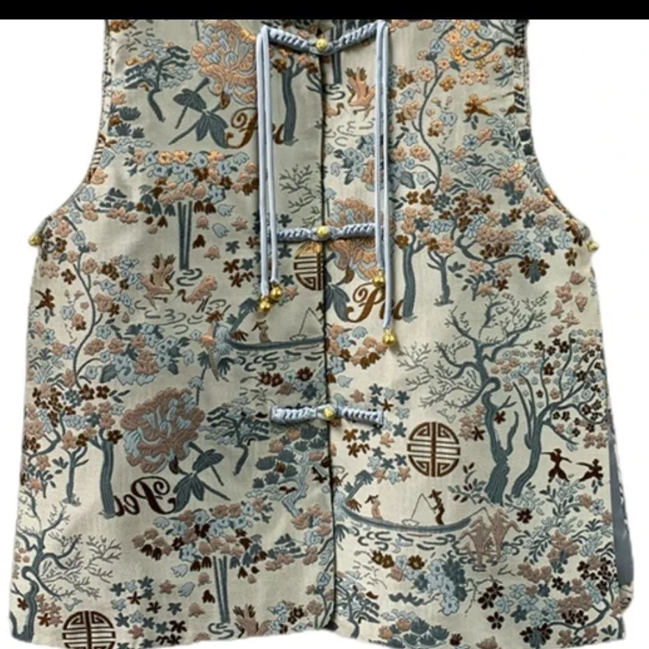 Women Cheongsam Waistcoat Chinese Sstyle Women's Embroidered Patchwork Vest Cheongsam Collar Buckle Lady Versatile Sleeveless Jacquard Vest Coat