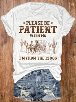 Please Be Patient With Me Women's Tee - Vintage 1900s Western Cactus Graphic White Top 1