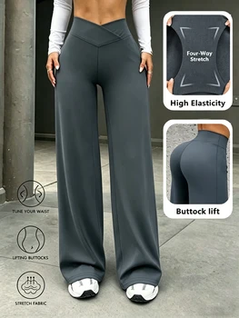 Women Cross Waist Straight Leg Pants Minimalist Wide Leg Leggings Suitable For Fitness Running Outer Wear Fashion Women Long Pan