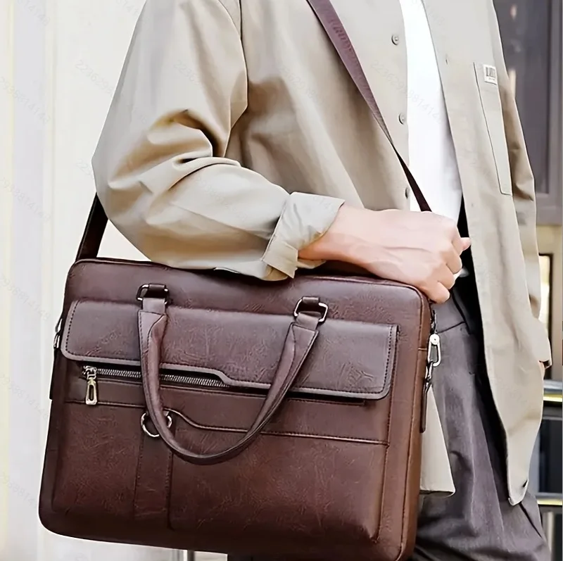 Borsa a Tracolla da Uomo Grande Capacità, Stile Orizzontale, Borsa per Computer Multifunzionale, Valigetta Resistente in Materiale PU