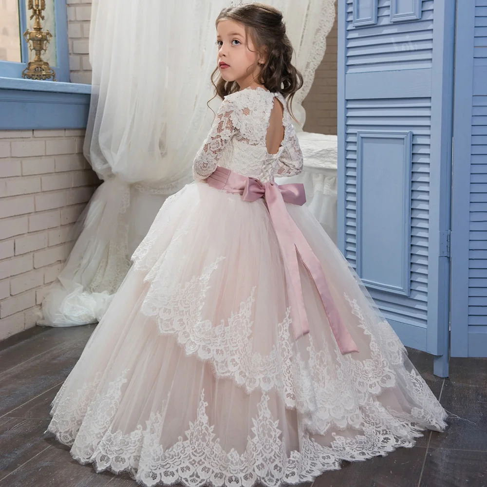 Sweet Lace Flower Girls Dresses Long Sleeves O Neck Formal Dress For Little Girls Wedding Guest Gown Birthday Party Dresses